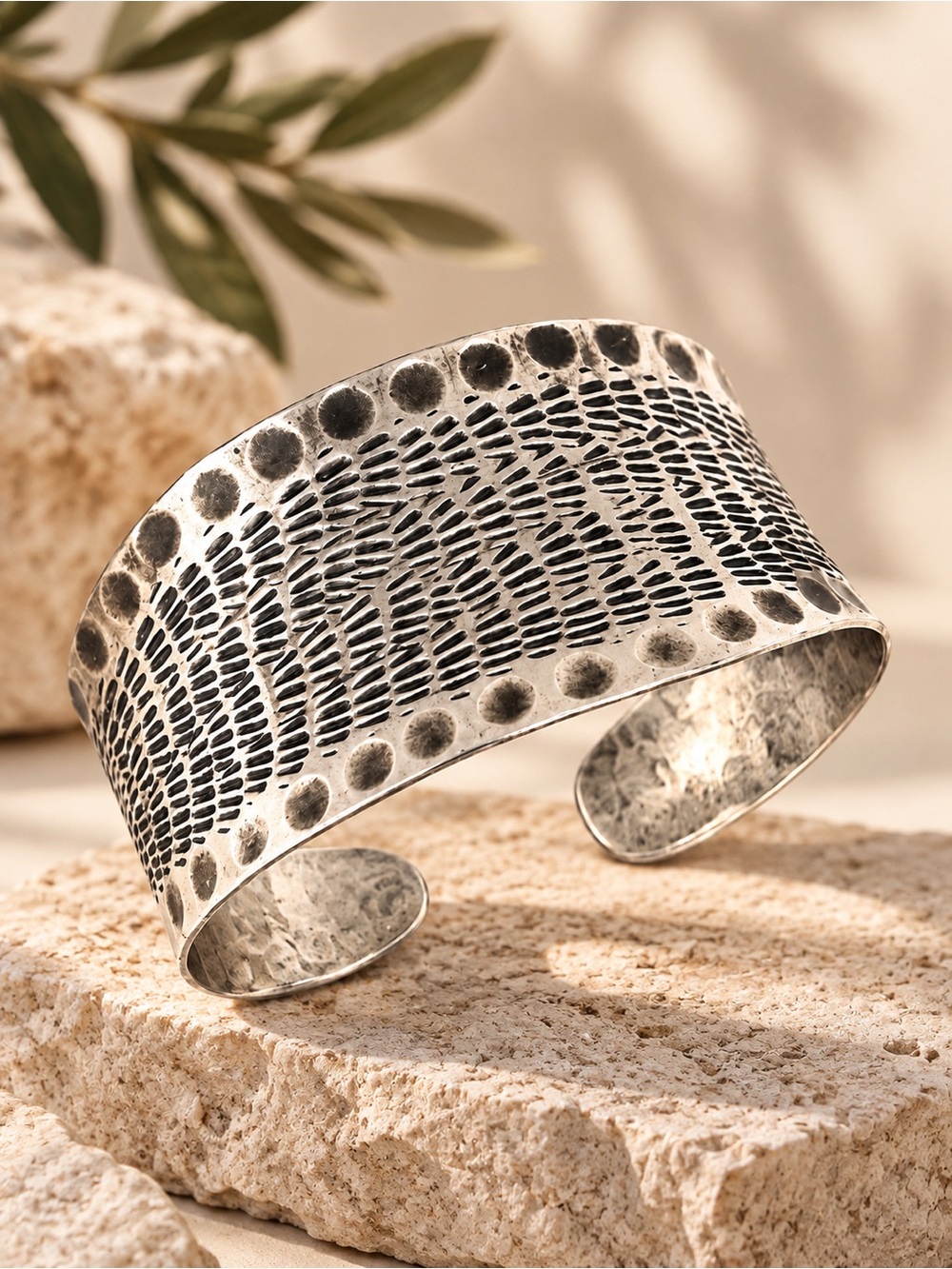 Hammered Dimple Stippled Open Cuff Statement Bracelet Silver Tone
